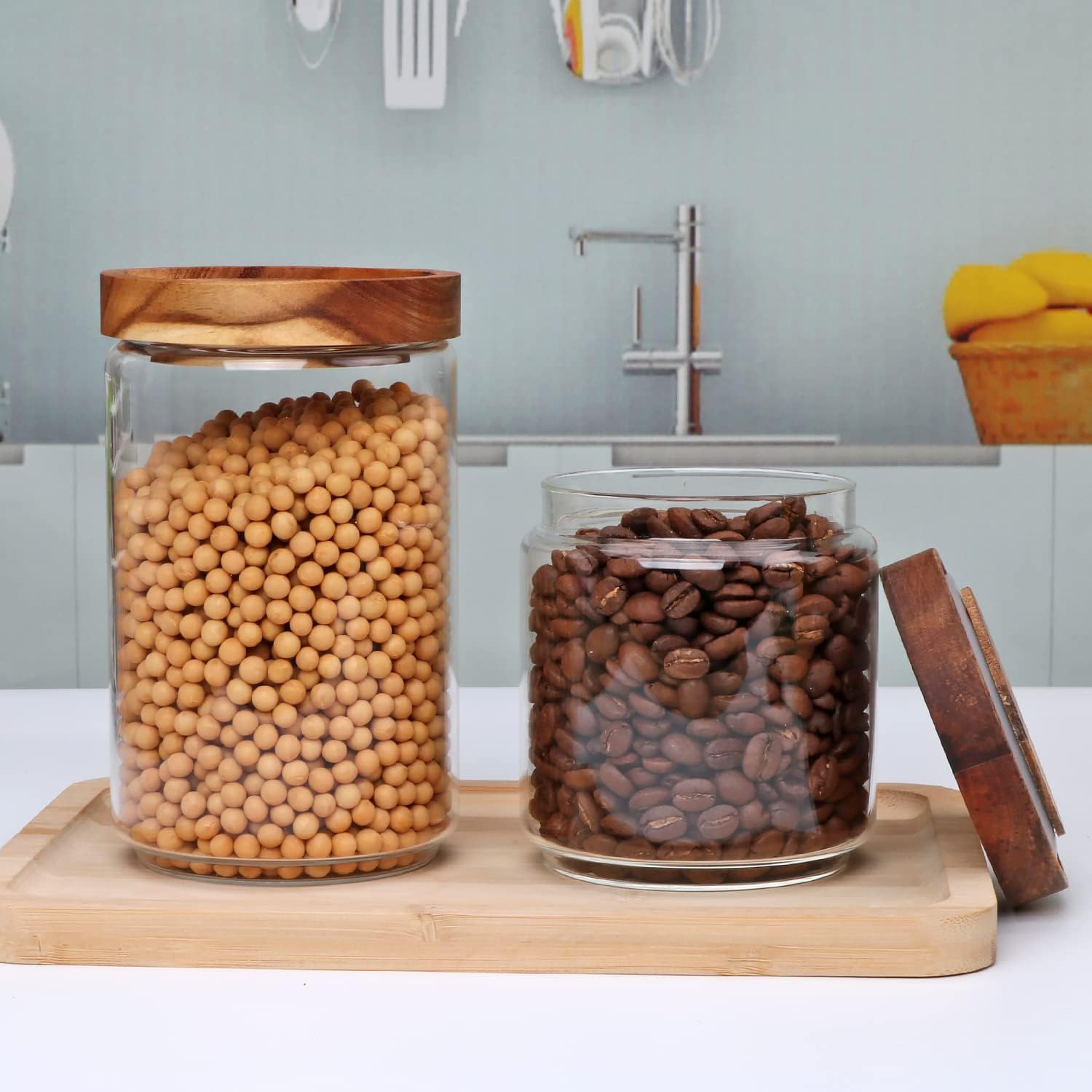 Wood Lid Kitchen Glass Canister Set
