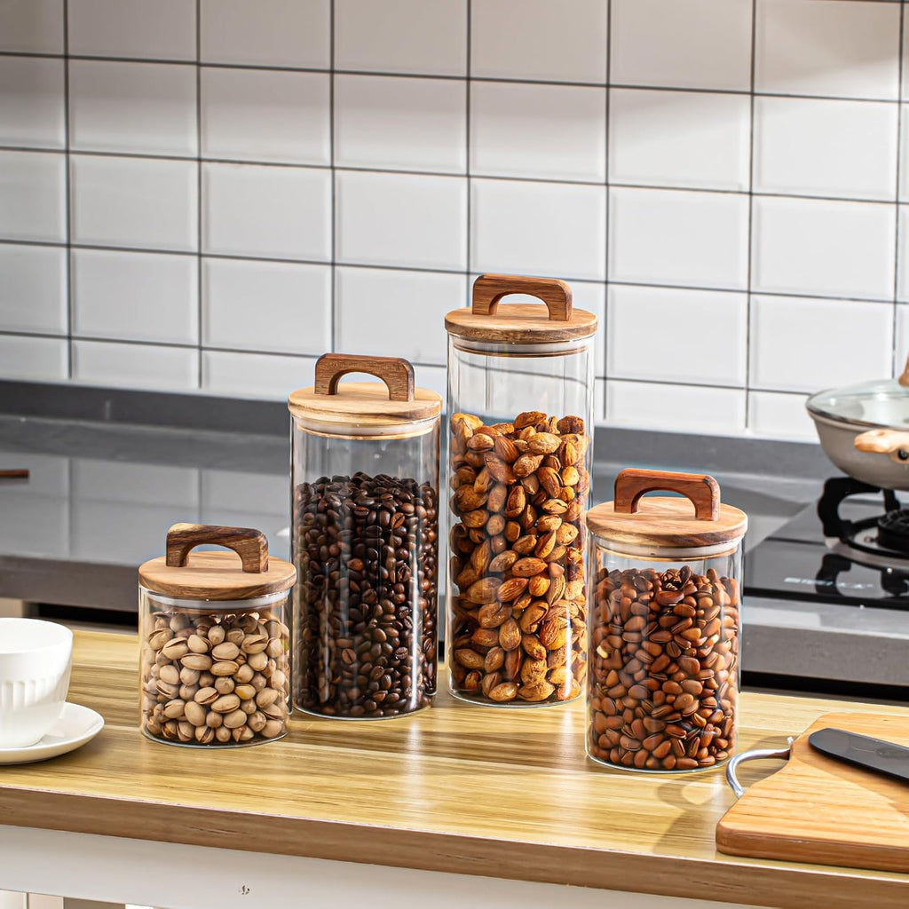 Labeled Wood Lid Glass Jar Set
