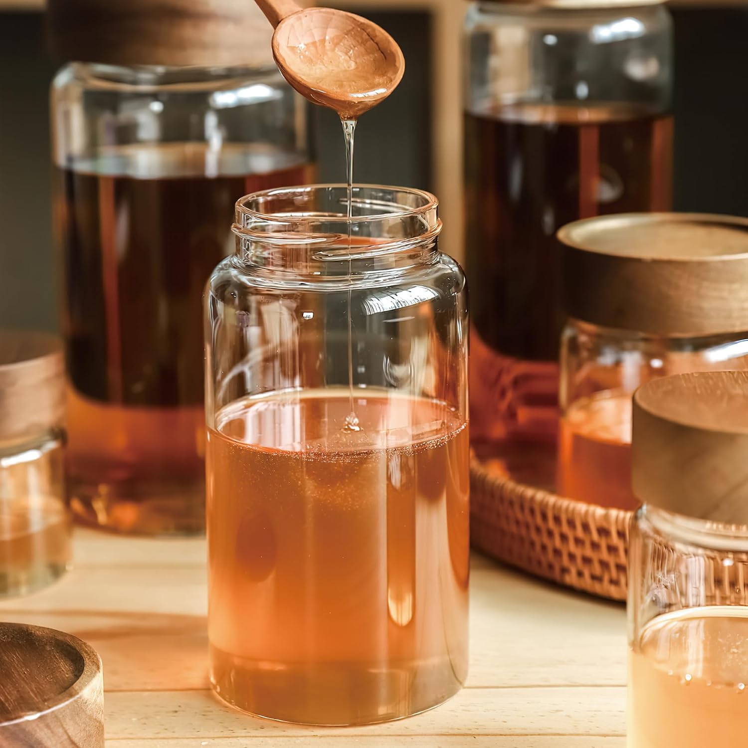 Wood Lid Airtight Glass Jar Set