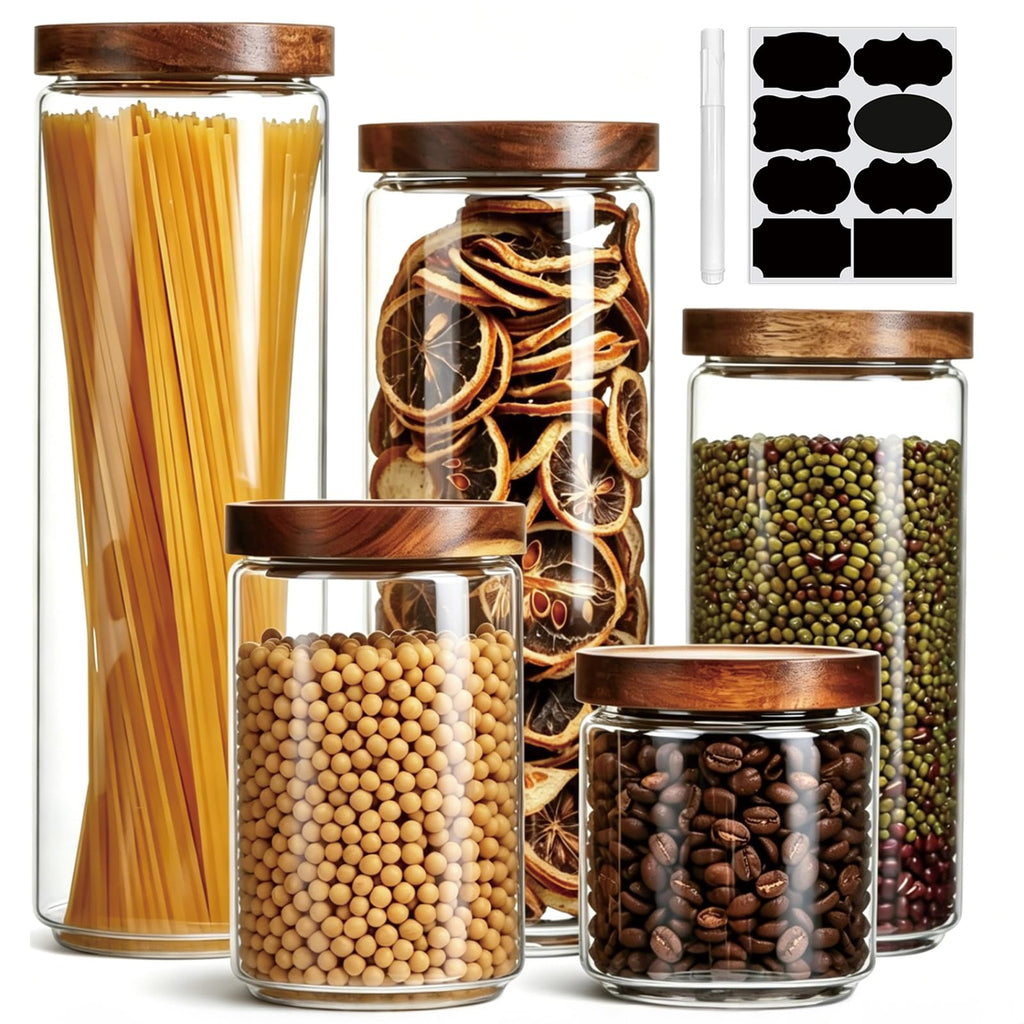 Wood Lid Kitchen Glass Canister Set