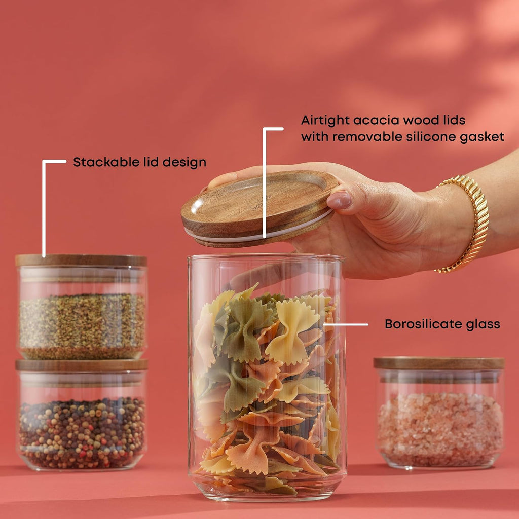 Stackable Wood Lid Glass Canister Set
