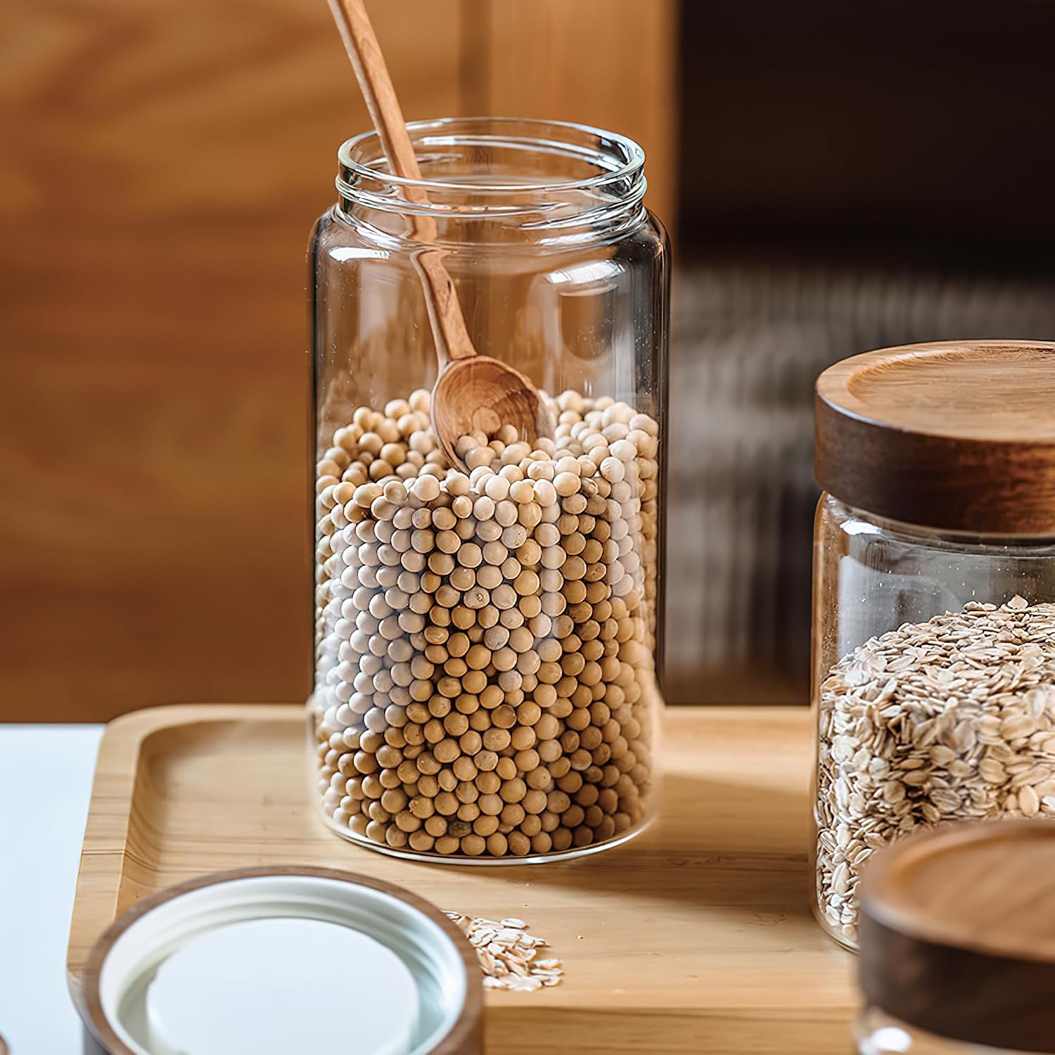Wood Lid Airtight Glass Jar Set