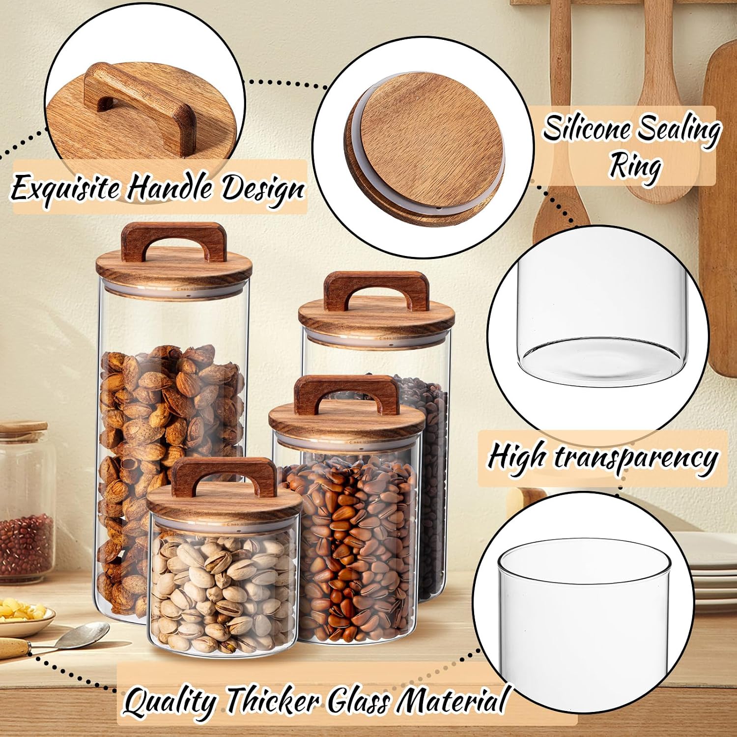 Labeled Wood Lid Glass Jar Set